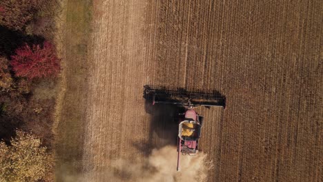 Soybean-Harvesting-Season-in-Michigan,-USA,-aerial-downwards-view