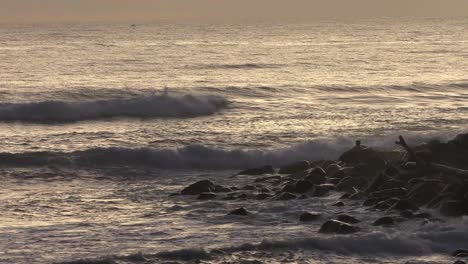 Surfer-Mit-Brett-Bei-Sonnenaufgang,-Küstenansicht-Mit-Wellen,-Statisch