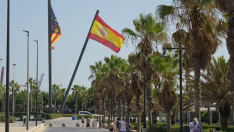 Big-National-Spain-flag-in-a-wind-on-hot-summer-day-next-to-beach,-promenade-with-palm-trees-in-Valencia,-Spain