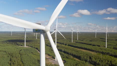 Renewable-energy-generation-on-a-wind-farm-in-Europe,-cinematic-drone-shot-of-wind-turbines