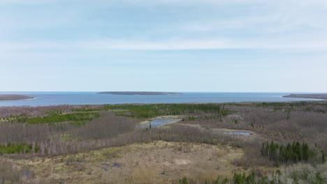 Bruce-peninsula,-Ontario,-Canada-in-early-spring-and-lake-Huron,-Drone