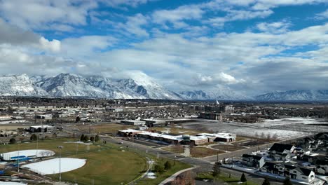 Vineyard,-Orem-and-Provo,-Utah-on-a-sunny-winter-day---aerial-hyper-lapse