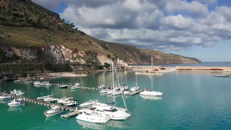 Aerial-View-Of-Docked-Boats-At-Castellammare-Del-Golfo-Port-Marina