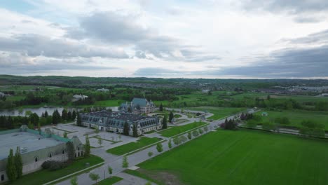 Golf-club-quater-in-Aurora,-Ontario,-Canada-in-may,-panoramic-view-on-the-city-from-a-drone-part-1