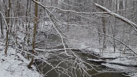 A-river-creek-in-the-middle-of-winter-after-a-wet-heavy-snow-storm