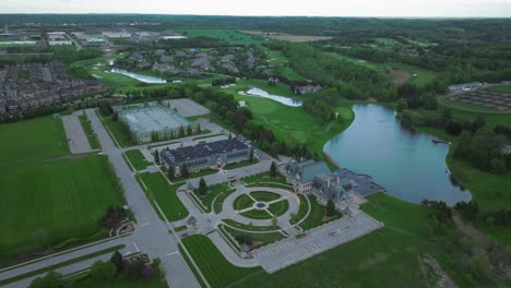 Golf-club-quater-in-Aurora,-Ontario,-Canada-in-may,-panoramic-view-on-the-city-from-a-drone-part-3