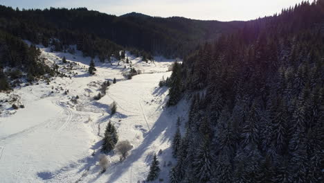 AERIAL:-Flying-above-a-Mountainous-area-covered-with-snow-and-forests