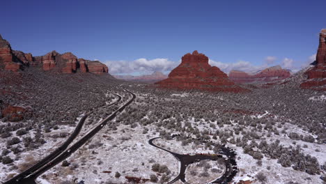 Aerial-Pan-of-Bell-Rock-and-Courthouse-Butte-and-Castle-Rock,-Sedona-Arizona---After-a-snowfall