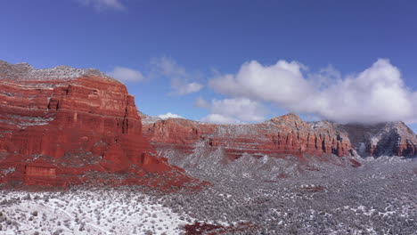 Aerial-Pan-of-Bell-Rock-and-Courthouse-Butte,-Village-of-Oak-Creek,-Sedona-Arizona---After-a-snowfall