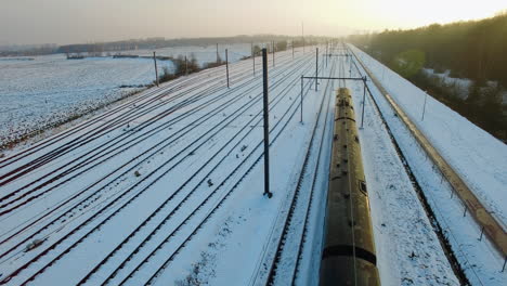 Train-passing-inbetween-empty-fields-and-a-forrest,-shot-during-the-winter