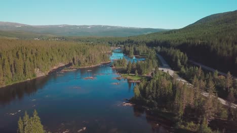 Crane-up-while-tilt-down-drone-shot-over-a-river-in-a-large-forest-in-mid-Norway