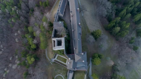Straight-down-Drone-Shot-of-a-Castle-on-a-Hill,-4k-UHD