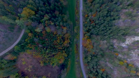 Drone-Shot-of-a-Car-driving-through-a-colorful-Forest,-looking-straight-down,-4k-UHD