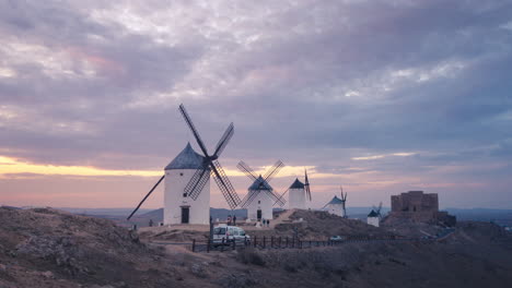 Windmills-in-Consuegra,-Castilla-La-Mancha-during-sunset
