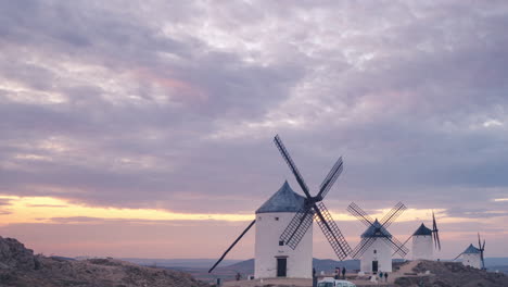 Windmills-in-Consuegra,-Castilla-La-Mancha-during-sunset