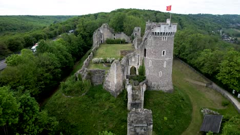 Castle-ruins-in-Normandy-France,-next-to-highway-A13,-aerial-view