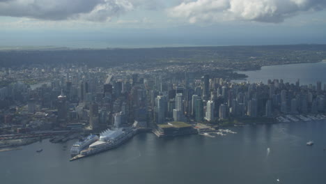 Downtown-Vancouver-and-BC-Place-Helicopter-shot-looking-west-towards-Coal-Harbour-in-British-Columbia