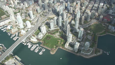 Vancouver-Helicopter-Shot-looking-over-Yale-Town-and-downtown-buildings-in-British-Columbia