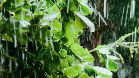 Slow-reveal-of-raindrops-hitting-leaves-on-plant-during-rainy-but-sunny-day-in-slowmotion