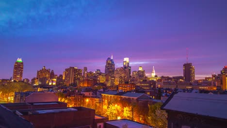 Day-to-Night-timelapse-of-Philadelphia's-skyline,-from-Lombard-St-in-Center-City