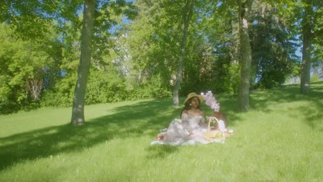 Black-Woman-watching-waiving-in-park-picnic-blanket