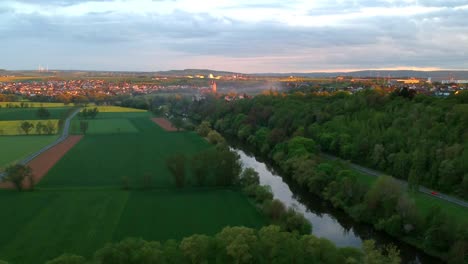 Beautiful-drone-flight-over-the-Bavarian-countryside-,German-village-and-church