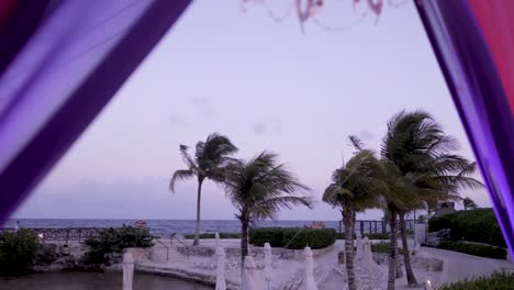A-sliding-view-of-a-tropical-outdoor-dinner-setup-shot-between-purple-decorative-curtains