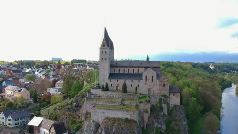 Drone-footage-over-German-village-with-an-old-church
