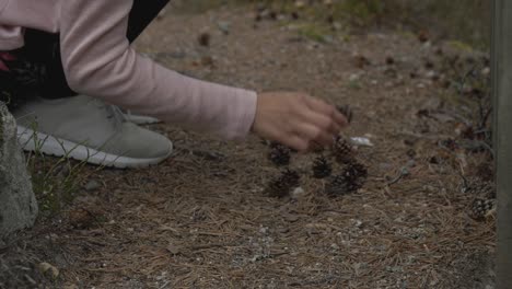 Girl-plays-with-pinecones-in-the-forest