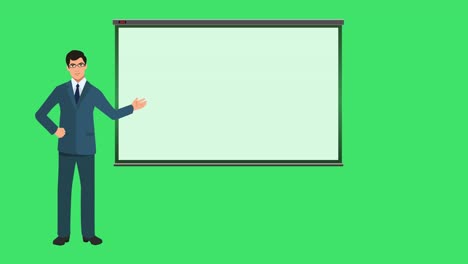 Business-Man-or-Trainer-or-Team-Leader-Infographic-Animation-Cartoon-presenting-project-or-business-strategy-showing-ideas-on-a-Green-Background-and-Pointing-to-a-Blank-Whiteboard