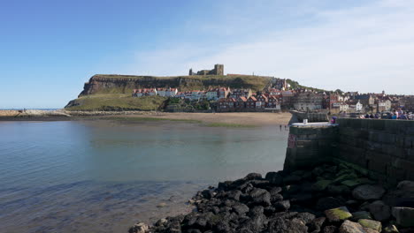 Whitby-harbour-in-North-Yorkshire-England-during-summer-with-a-seagull-flying-past-and-the-abbey-on-the-cliffs-in-slow-motion