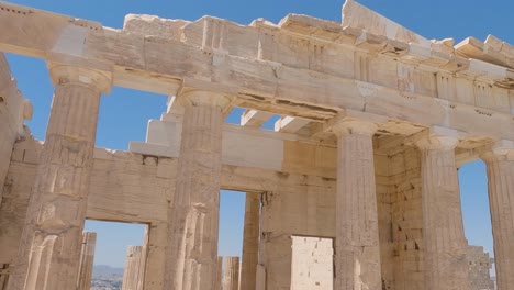 Panning-shot-of-Ancient-Propylaea-Columns-First-Acropolis-of-Athens-entrance,-Greece