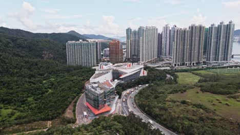 Aerial-drone-shot-over-Shaw-Studio,-TV-Broadcast-Studio-in-Tseung-Kwan-O,-Hong-Kong,-China
