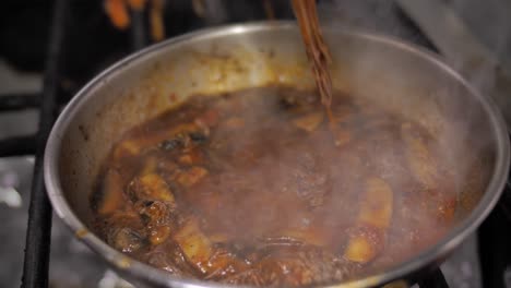 Adding-fried-meat-to-boiling-ragout,close-up