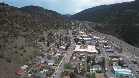 Aerial-View-of-Idaho-Springs,-Small-Colorado-City-by-I-70-Highway,-Clear-Creek-County-USA