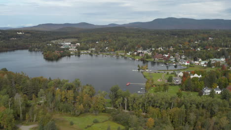 Wide-angle-drone-shot-of-downtown-Rangeley-and-City-Cove-in-Maine