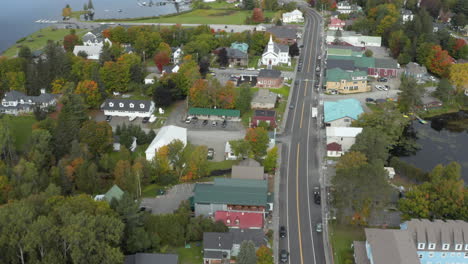 Stunning-aerial-view-of-downtown-Rangeley,-Maine