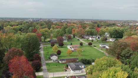 Drone-footage-over-small-town-during-autumn