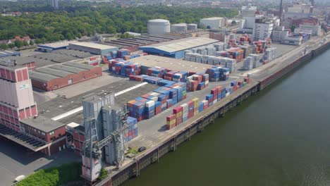 Aerial-View-Of-Container-Terminal-At-The-Port-On-Weser-River-In-Bremen,-Germany