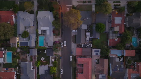 Residential-Los-Angeles-Neighborhood-As-Seen-From-Above,-Aerial-Drone-Shot-of-Peaceful-Suburban-Street