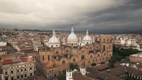 Cathedral-of-the-Immaculate-Conception,-Aerial-Drone-Above-Cuenca,-Ecuador,-City-Center,-Historical-Buildings,-Travel-and-Tourism-in-Latin-America,-Colonial-Architecture