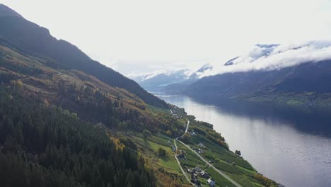Beautiful-Sorfjorden-in-Hardanger-leading-to-Odda-seen-from-Instanes-close-to-Kinsarvik-during-fall-season---Road-rv13-passing-down-below---Sunny-day-slow-forward-moving-aerial