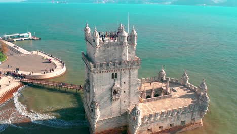 Flying-close-to-Belem-Tower-and-slowly-down