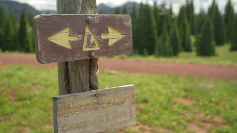 Hiking-Trails-Sign-in-Needle-Mountains,-Colorado-USA,-Molas-Lake-and-Campground-Directions