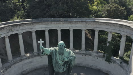 Close-up-shot-of-St-Gellert-Monument-in-the-side-of-the-picturesque-Gellert-Hill,-Budapest,-is-an-impressive-statue-of-Szt-GellÃ©rt,-the-first-Hungarian-bishop