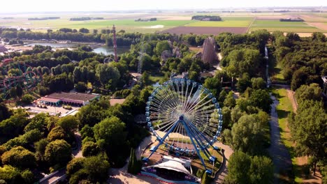 Aerial-video-of-Walibi-Holland-is-a-theme-park-in-Biddinghuizen,-Netherlands