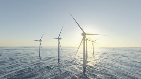 Wind-turbines-generating-alternative-and-clean-green-energy,-wind-farm-in-the-ocean,-climate-change-solution,-rotational-pan,-aerial-3d-render