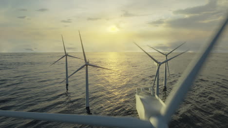 Wind-turbines-generating-clean-alternative-green-energy,wind-farm-in-the-ocean,-climate-change-solution,-slow-reveal,-fly-through,-ocean-sunset,-aerial-3D-render