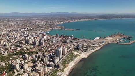 Durres-city-buildings-and-port-surrounded-by-turquoise-water-of-Adriatic-sea-in-Albania