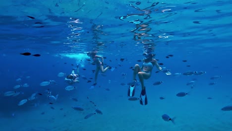 Shoal-of-fish-swims-close-to-little-girls-and-woman-snorkeling-underwater-in-deep-blue-sea
